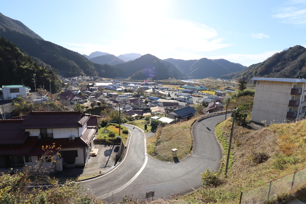 因原町並み江の川を望む